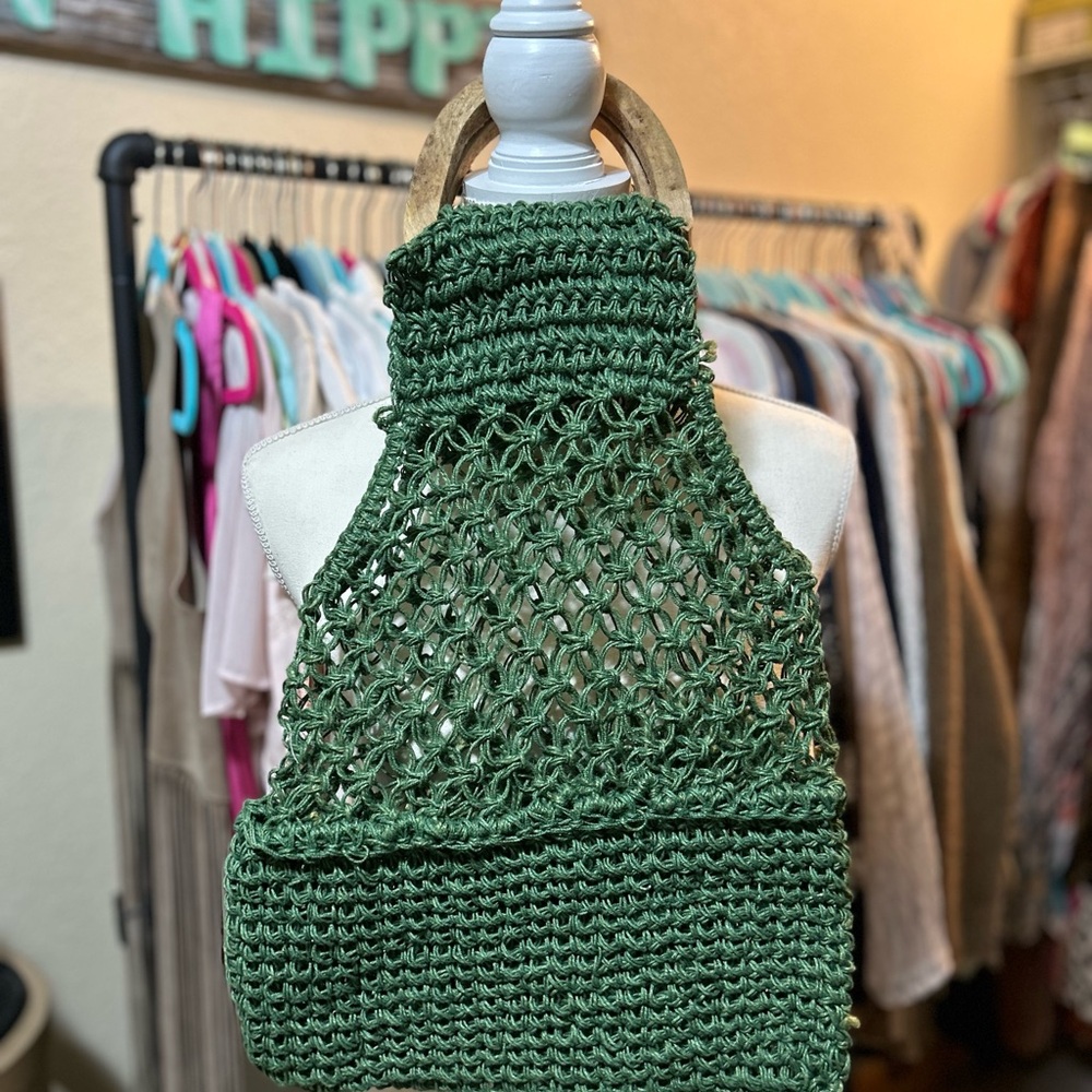 Green Crochet Handbag with Wooden Handles